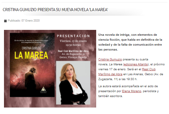 Asoc. Escritores Euskadi Cristina Gumuzio presenta su novela «La Marea»
